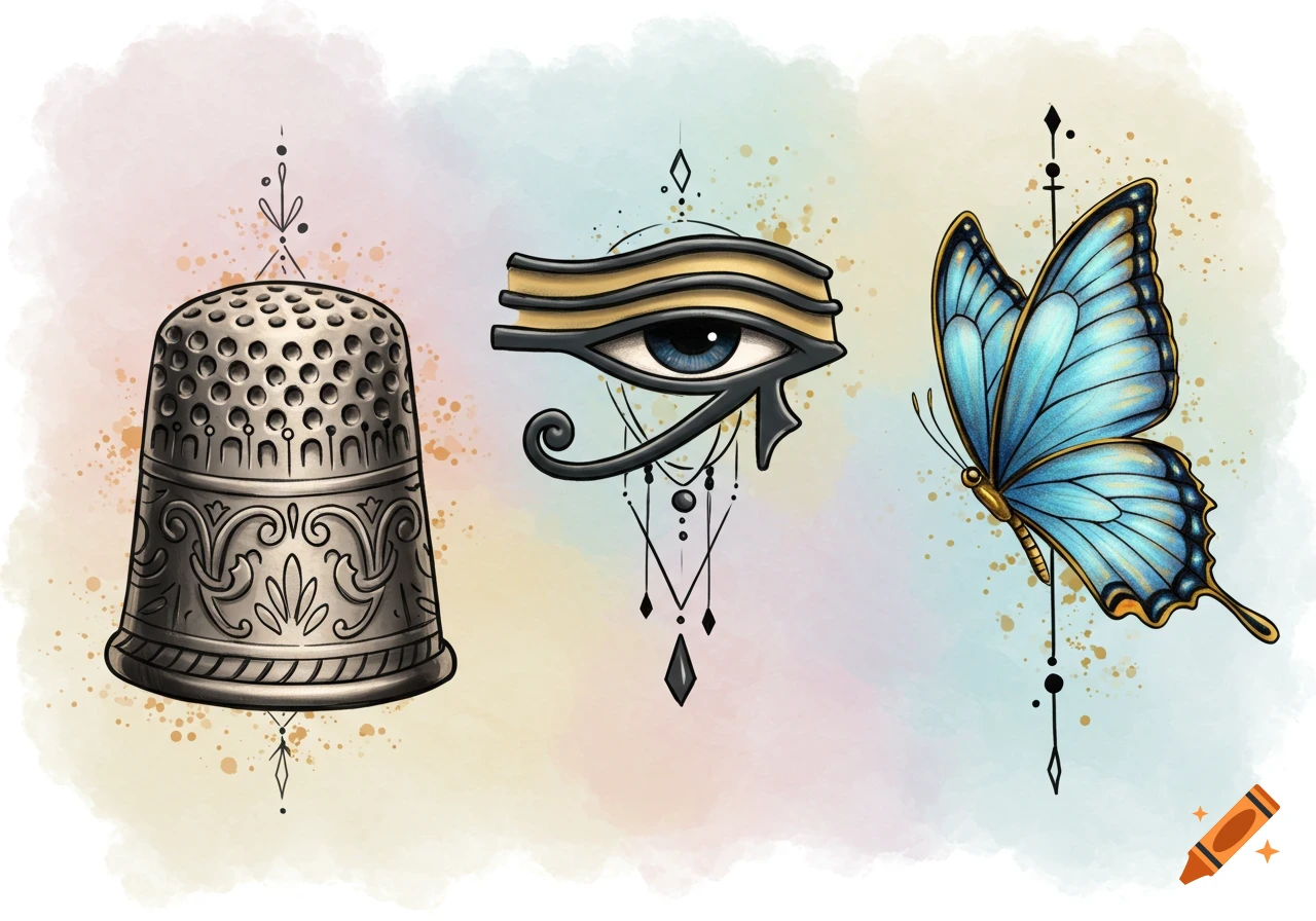 An illustration of a silver thimble, the Eye of Ra, and a blue butterfly, arranged in a tattoo design style with decorative lines.