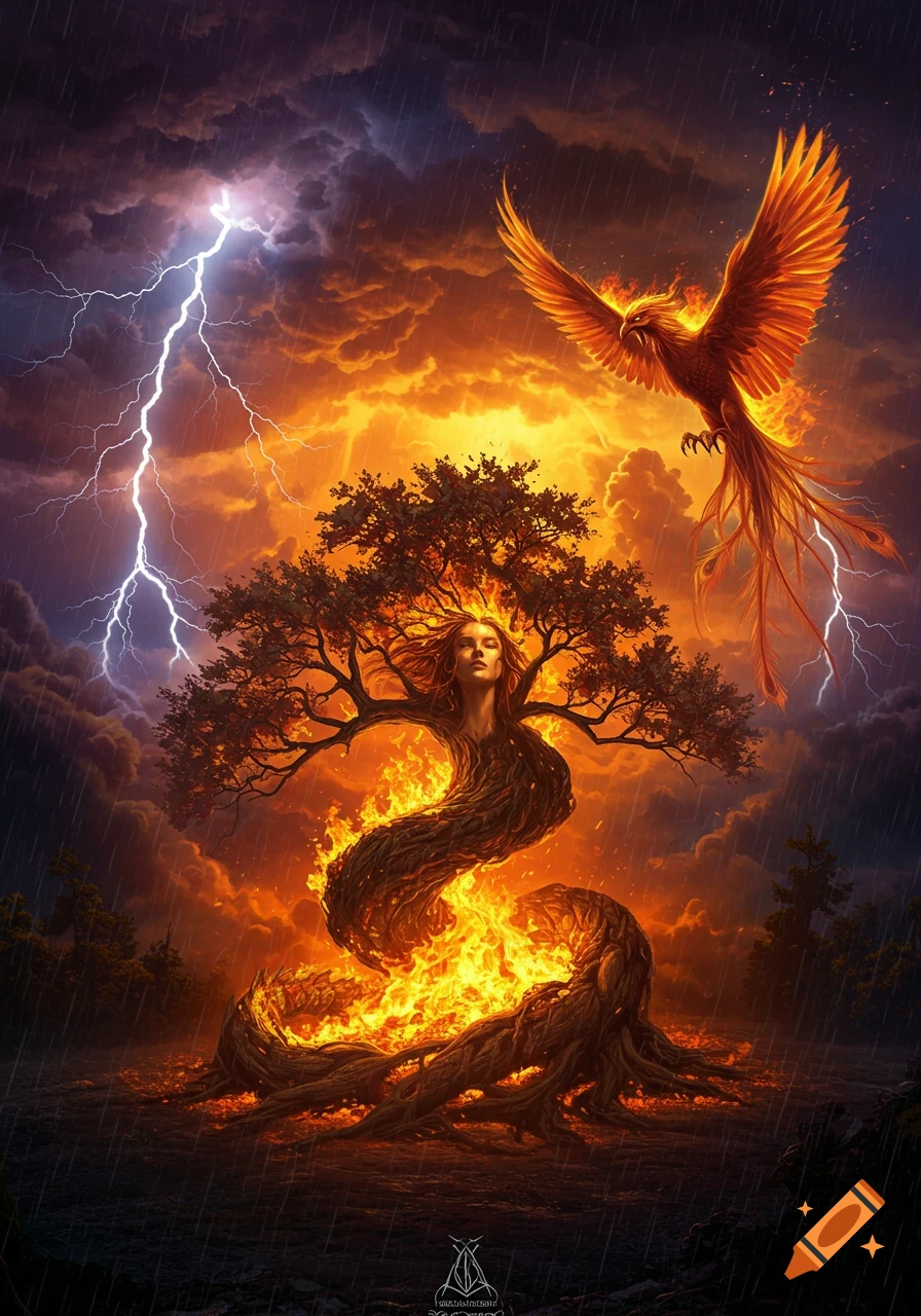 A majestic phoenix flies over a stormy, fiery landscape with lightning. A woman's face emerges from a burning tree, rain falls.