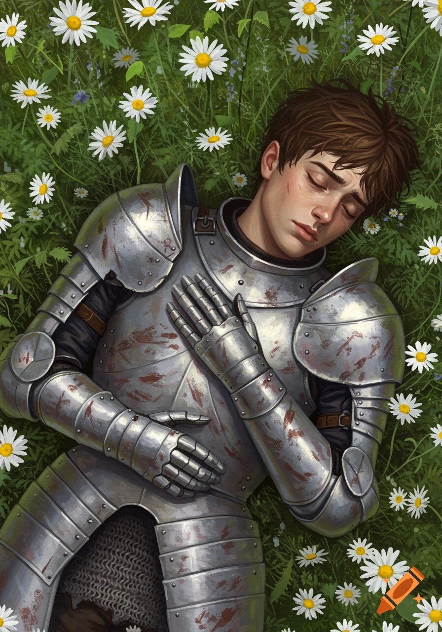 A young knight in battle-worn silver armor lies sleeping or deceased in a field of white daisies in a detailed oil painting.