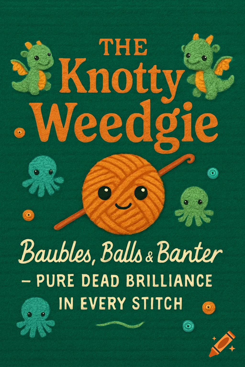 A green sign with orange text for 'The Knotty Weedgie', featuring cute crochet-style dragons, octopuses, and a smiling yarn ball with a crochet hook.