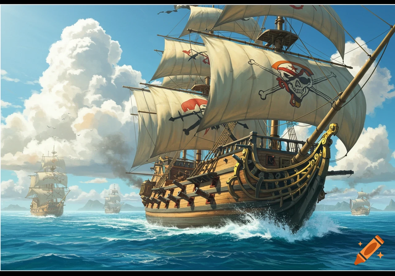 A fleet of pirate ships sails across a vibrant blue ocean under a cloudy sky, with skull and crossbones flags visible.