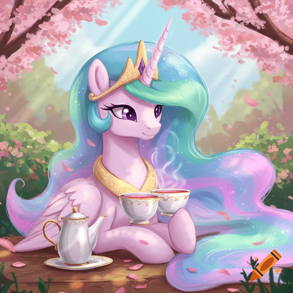 Princess Celestia, a light pink alicorn with a flowing multi-colored mane, sits under a cherry blossom tree, sipping tea in a cartoon style.