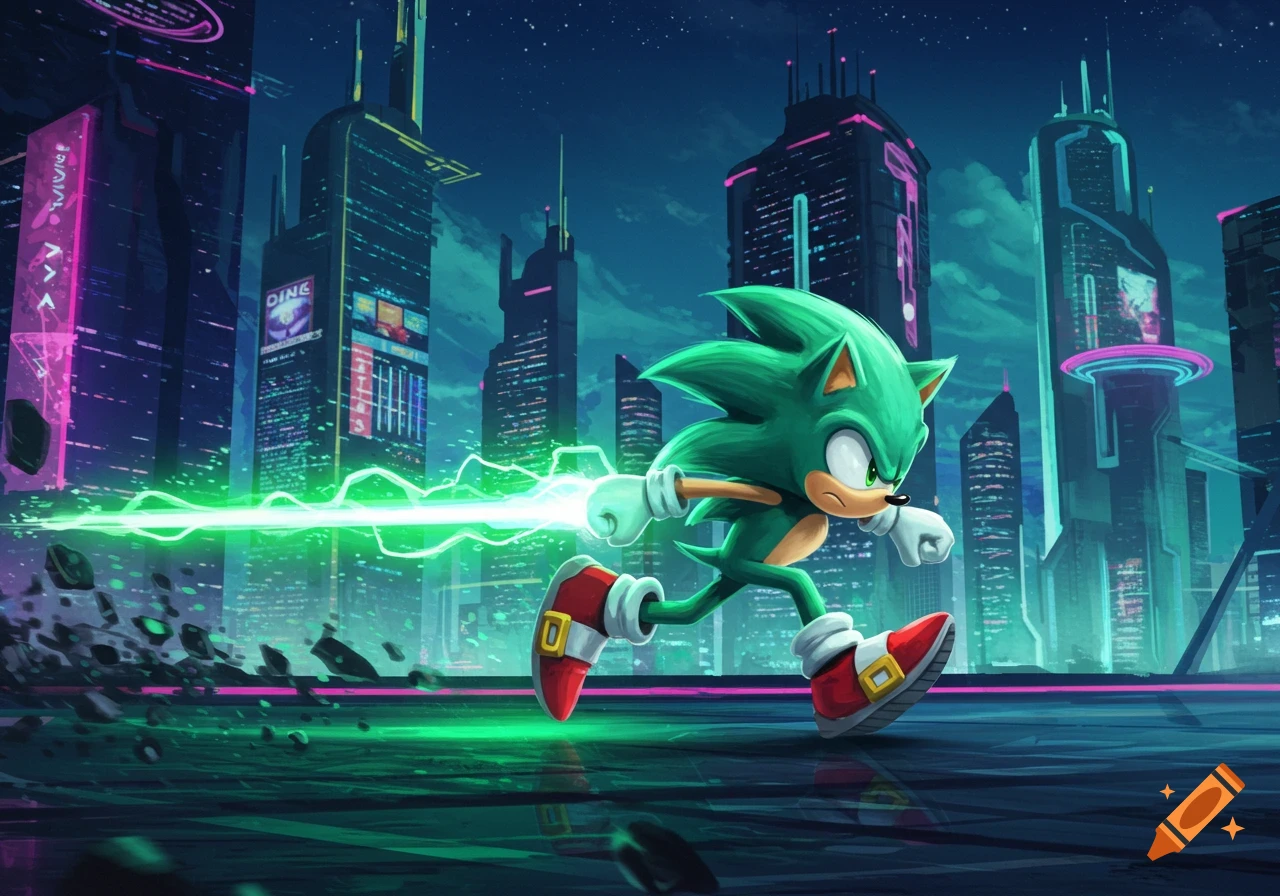 A green Sonic speeds through a futuristic cyberpunk city at night, leaving a bright green energy trail behind him.