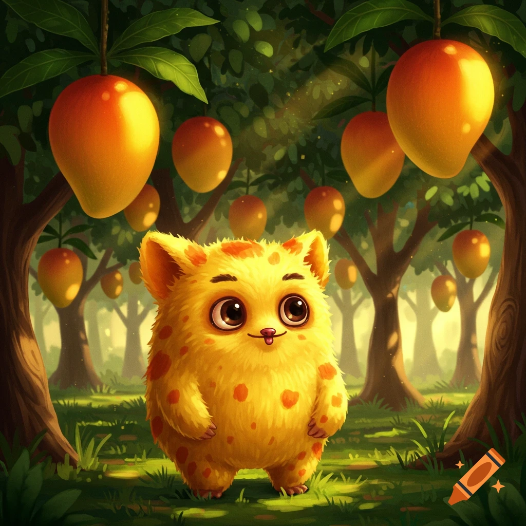 A cute, fluffy yellow creature with orange spots stands in a vibrant forest surrounded by hanging mangoes.