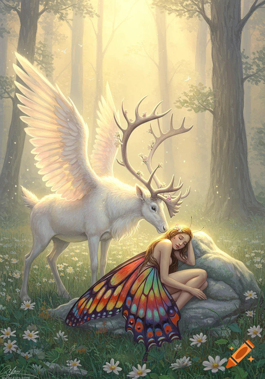 A mythical white winged deer with antlers adorned with flowers gazes at a sleeping fairy with colorful butterfly wings in a sunlit forest.