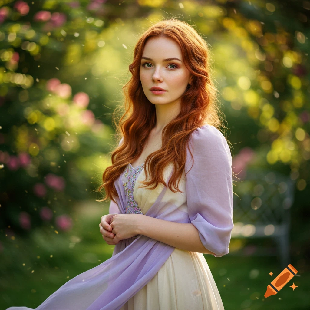 A beautiful redhead woman in a flowing dress and purple shawl stands in a sunlit garden with sparkling light.