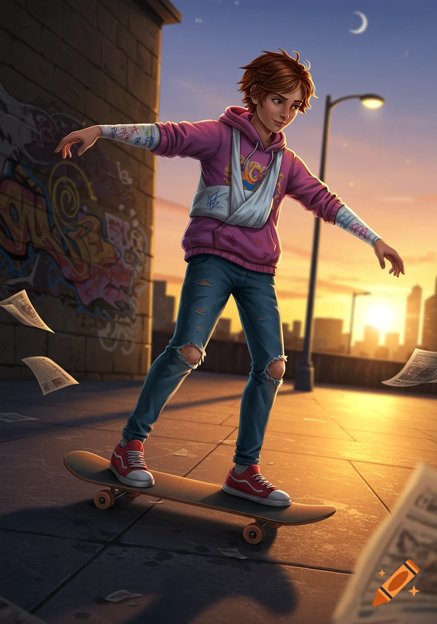 A boy with a cast on his arm balances on a skateboard in an urban setting at sunset, with graffiti on a wall.