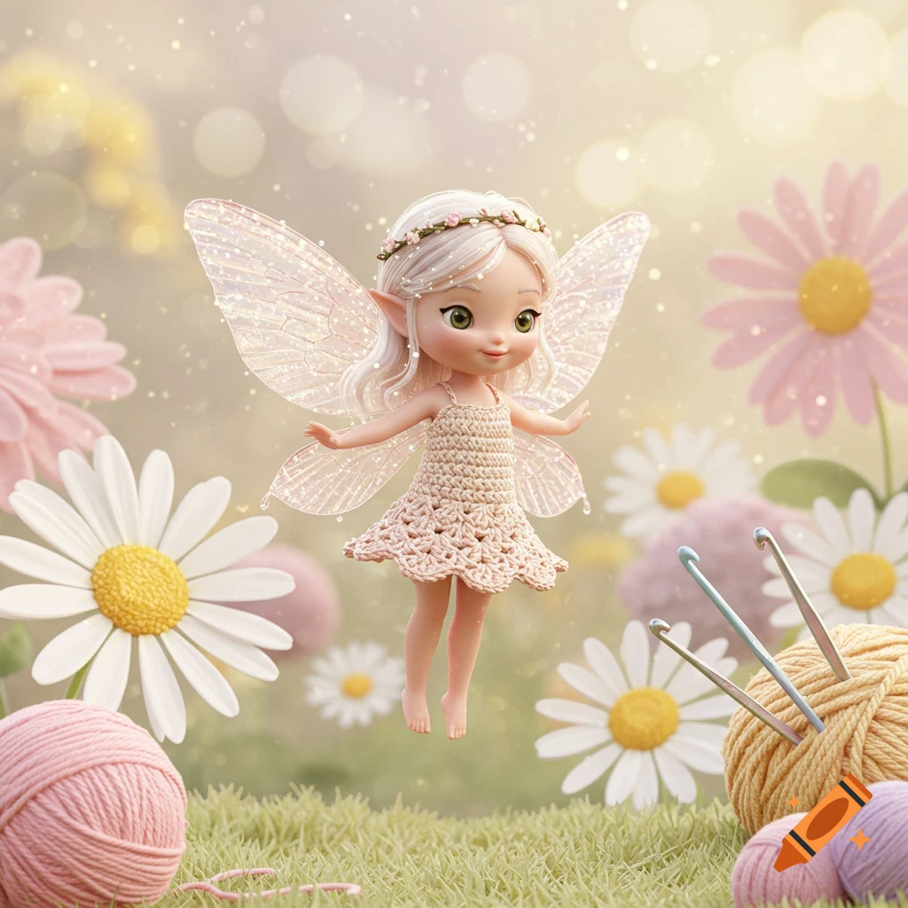 A cute little fairy with a crocheted dress floats above grass, surrounded by flowers, yarn, and crochet hooks.