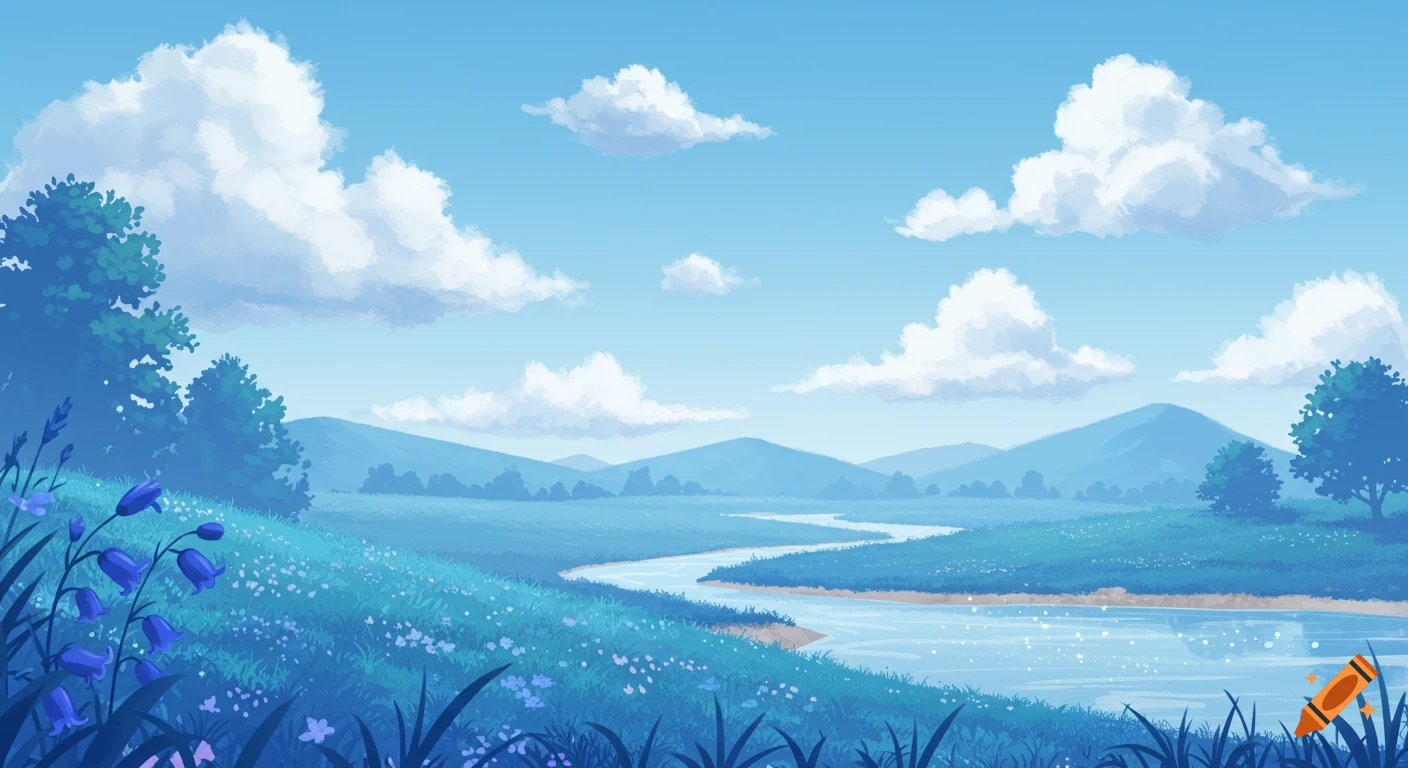 A serene stylized landscape with a winding river, distant mountains, and blue flowers under a light blue sky with clouds.