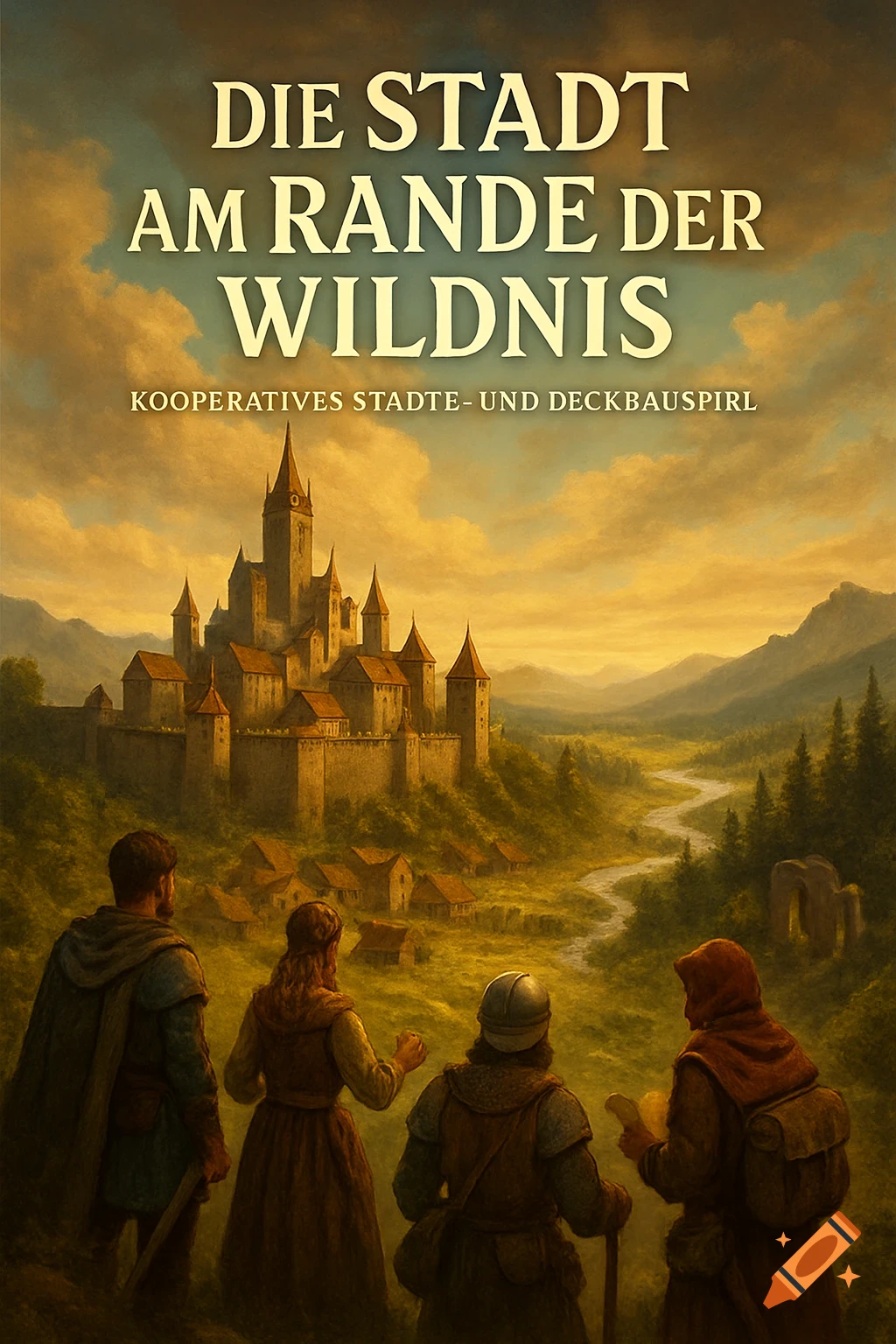 Game cover for 'Die Stadt am Rande der Wildnis' showing three adventurers overlooking a sprawling medieval castle and village in a valley at sunset.
