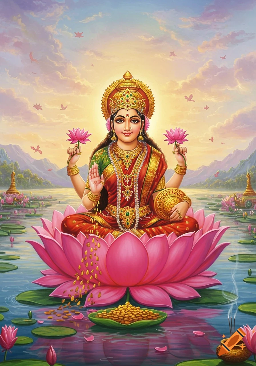 Goddess Lakshmi sits on a pink lotus in a tranquil lake, holding two lotus flowers and a gold pot as coins fall into a dish. Mountains and a vibrant sky are in the background.