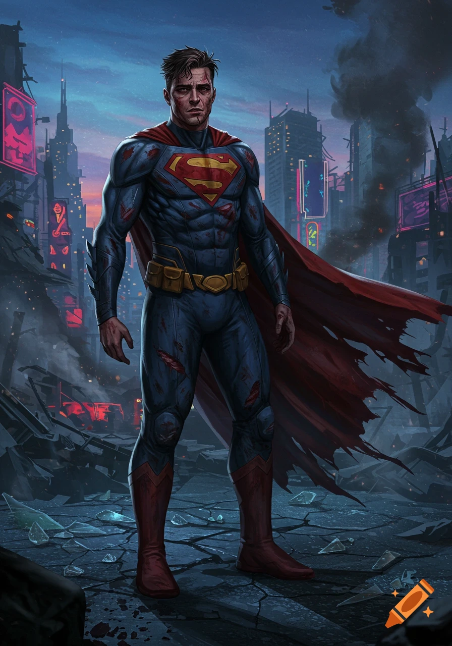 A defeated Superman with a torn suit and battle wounds stands in a destroyed, futuristic city at dusk.