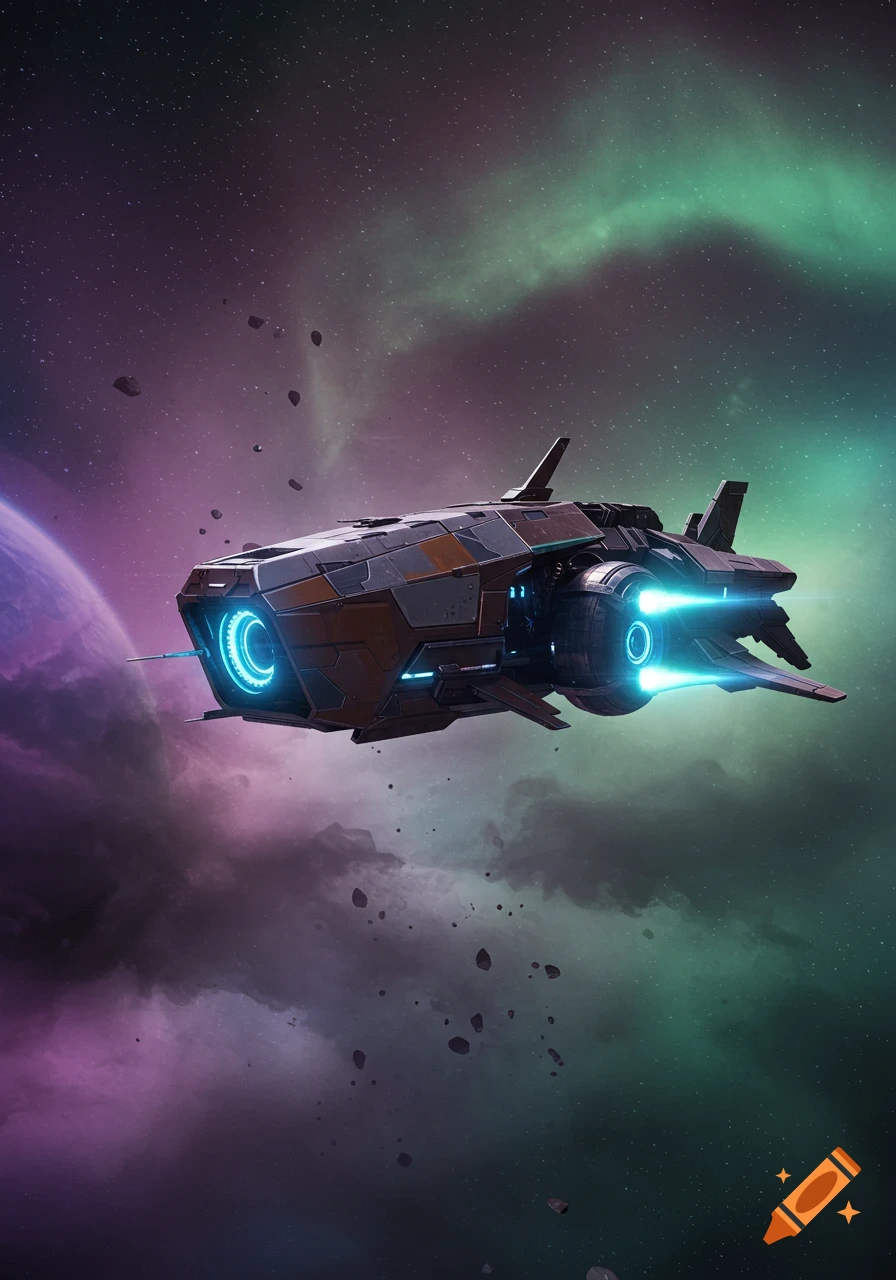 A detailed spaceship with glowing blue engines flies through a vibrant purple and green nebula, with a planet and asteroids visible.