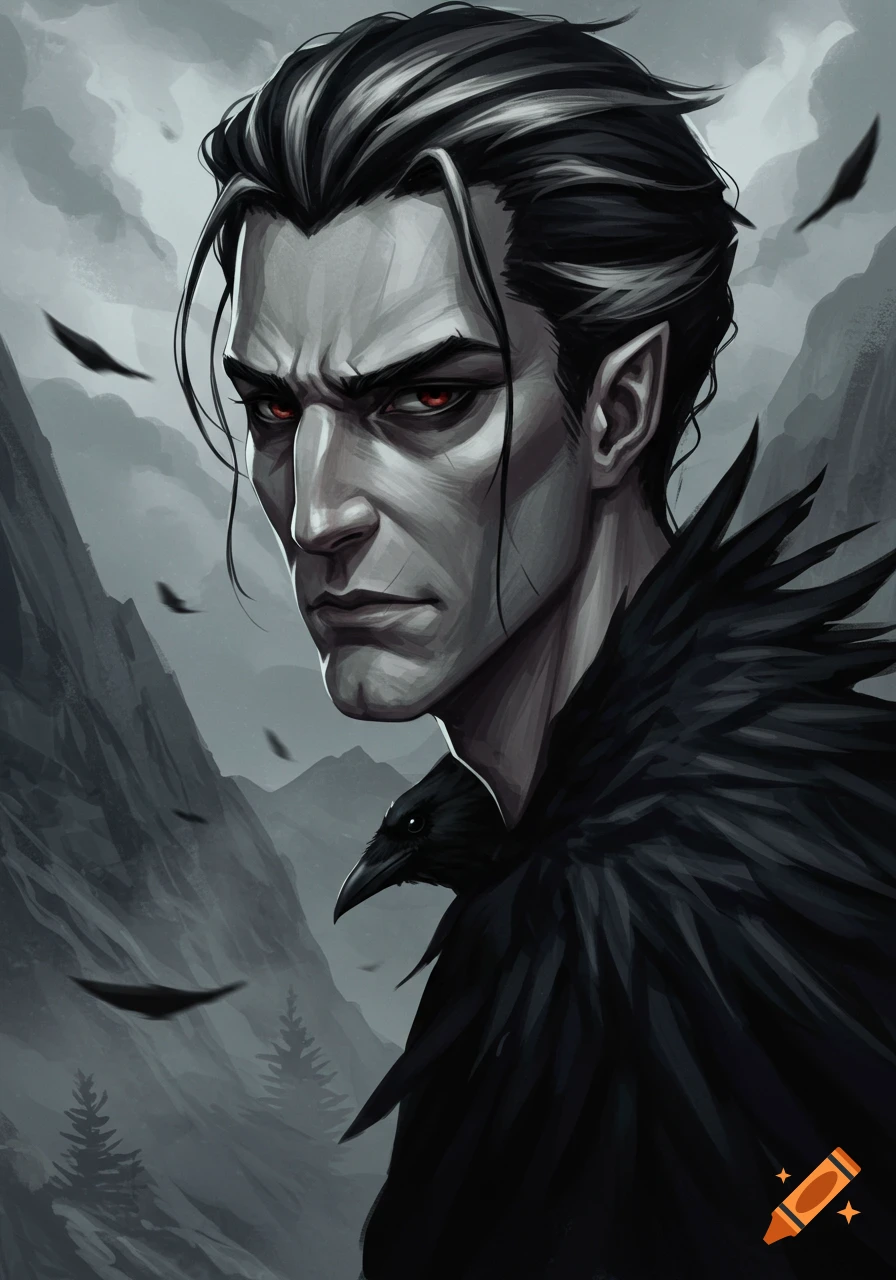 A dark fantasy illustration of a pale man with black hair, red eyes, and pointed ears, wearing a feathery black cloak with a raven.