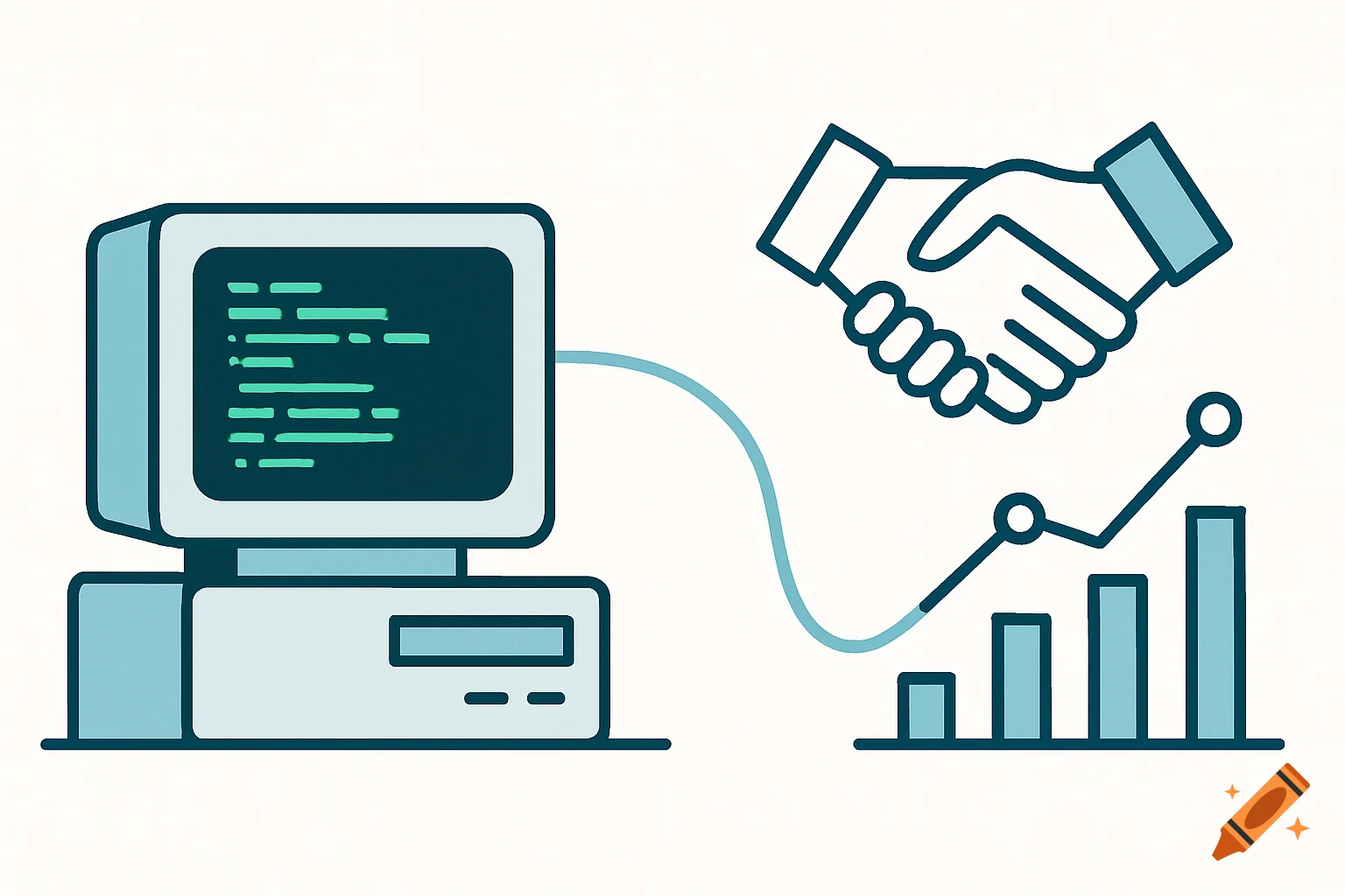 Flat design illustration of a 90s computer monitor displaying green code, connected by a curved line to a handshake icon and a growth graph. The style is minimalist and high contrast.