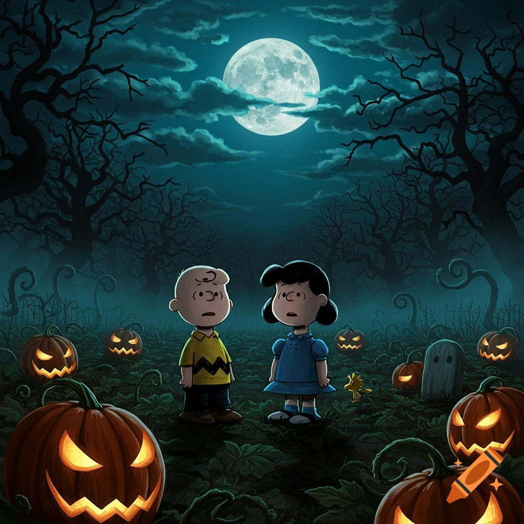 Charlie Brown and Lucy stand in a spooky, moonlit pumpkin patch with twisted trees and glowing jack-o'-lanterns, in a Halloween cartoon style.