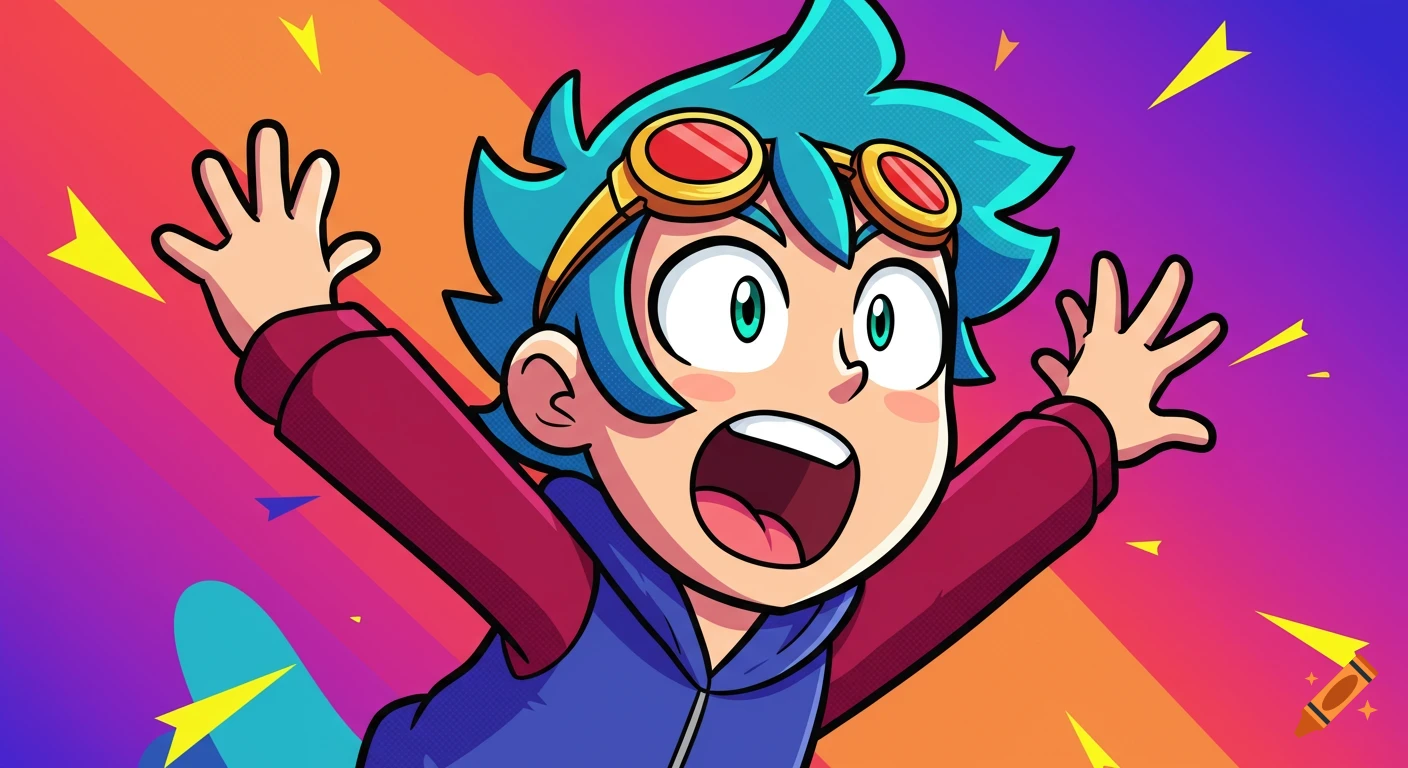 A cartoon boy with blue hair and goggles, with arms raised and an excited expression on a vibrant, colorful background.