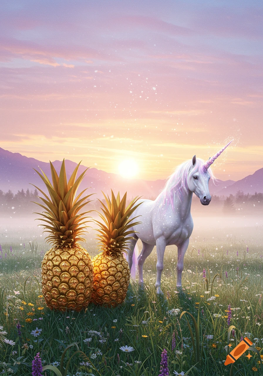 A majestic white unicorn with a pink mane and horn stands next to two golden pineapples in a mystical, flowery field at sunrise.