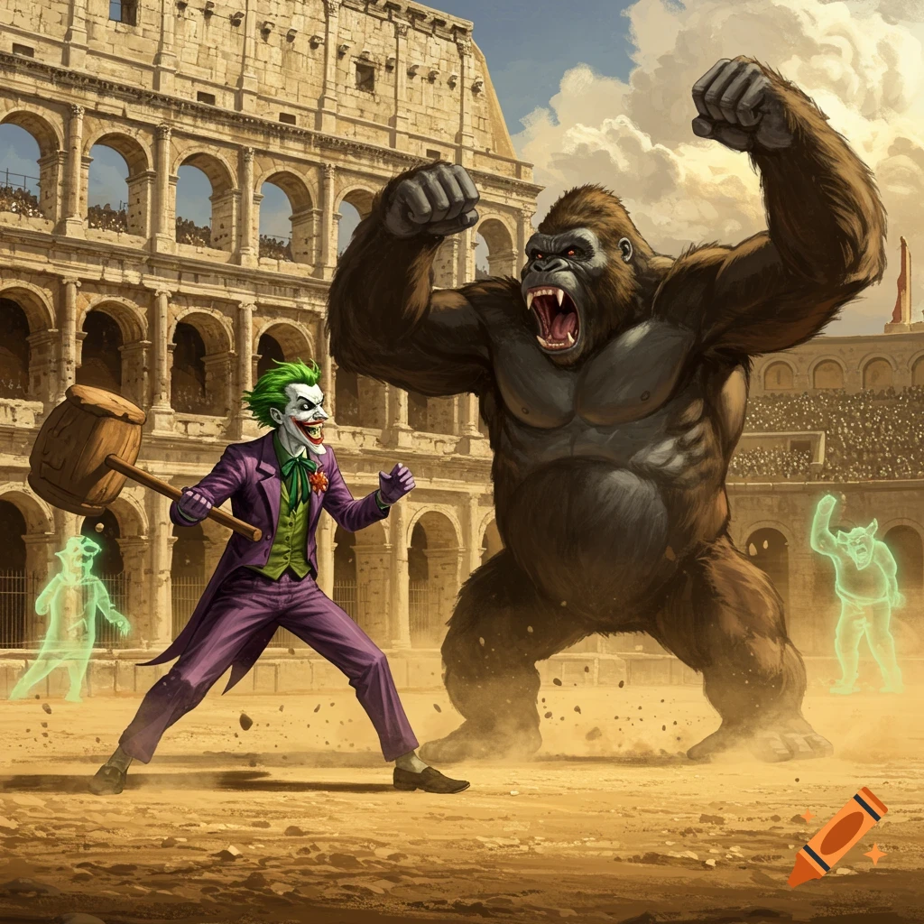 The Joker wielding a mallet battles a roaring gorilla in a sandy coliseum, with translucent figures nearby. Stylized art.