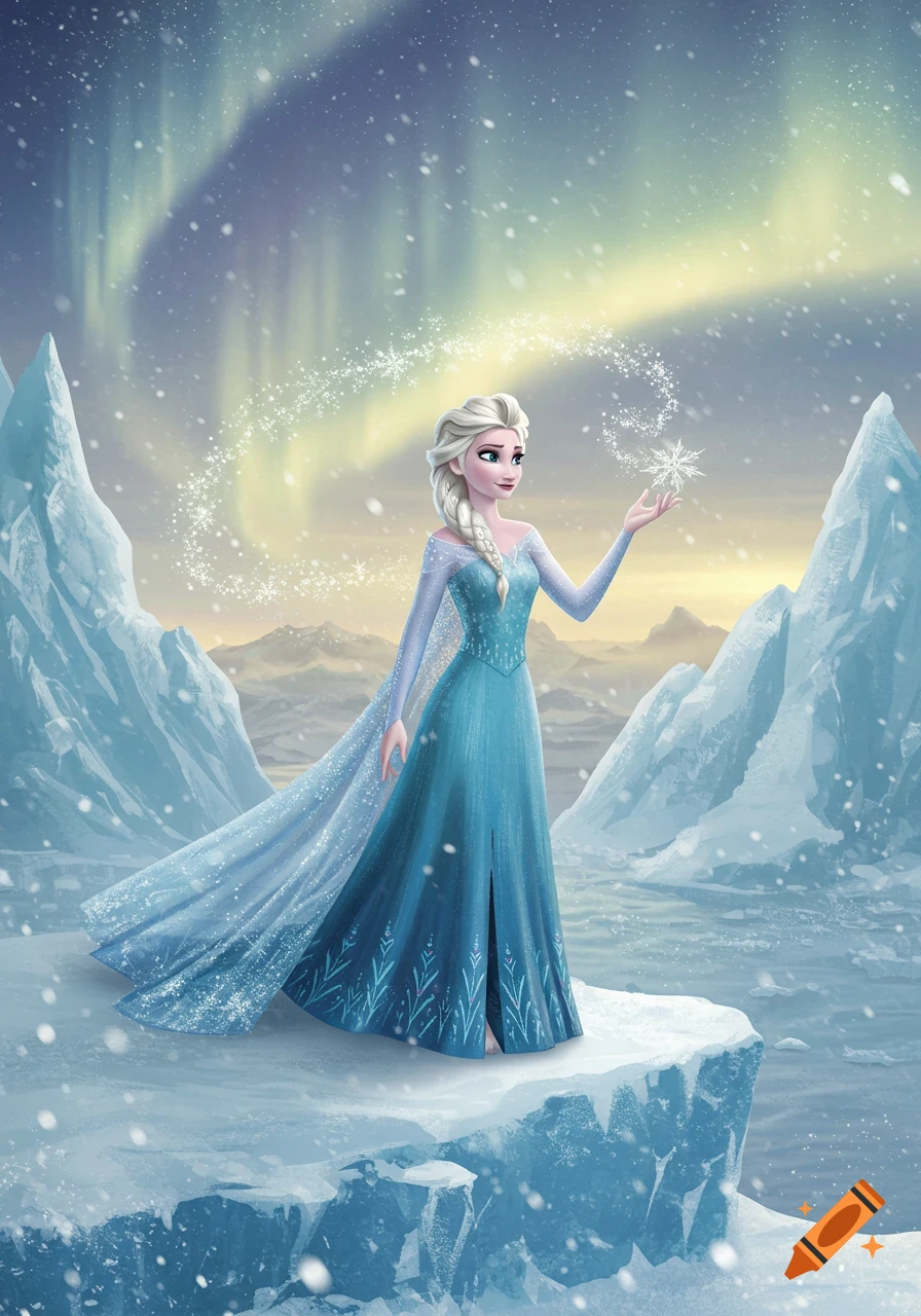 Elsa stands on an icy cliff, holding a glowing snowflake, with snow falling and aurora borealis in a fantasy winter landscape.