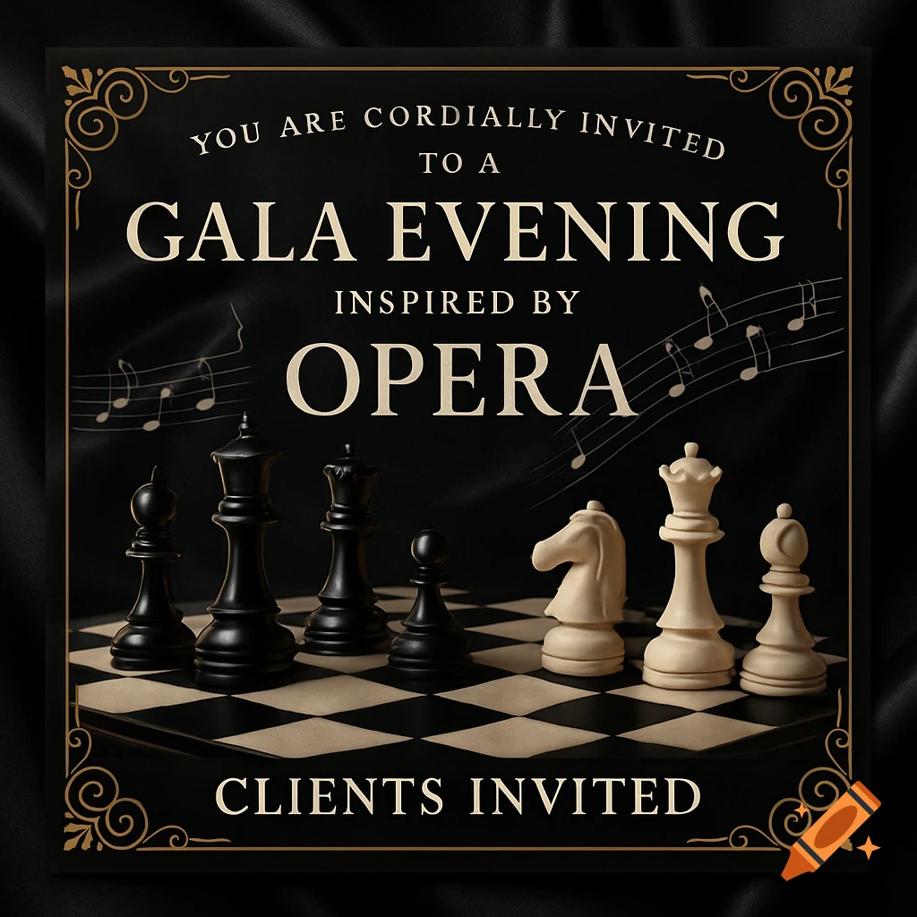 An elegant black invitation with gold borders, text "Gala Evening Inspired by Opera", musical notes, and a row of black and white chess pieces on a board.
