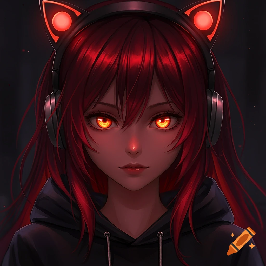Close-up of an anime girl with dark red hair, glowing orange eyes, and black cat-ear headphones, wearing a black hoodie.