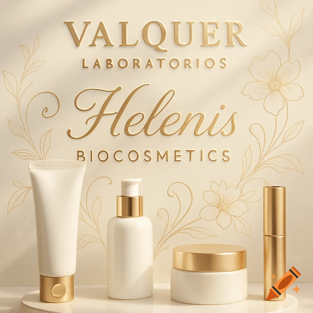 Elegant display of white and gold cosmetic products with 'VALQUER LABORATORIOS' and 'Helenis BIOCOSMETICS' in an embossed gold text background.