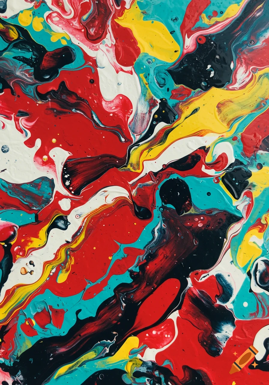 A vibrant abstract pour painting with swirling colors of red, white, turquoise, yellow, and black.