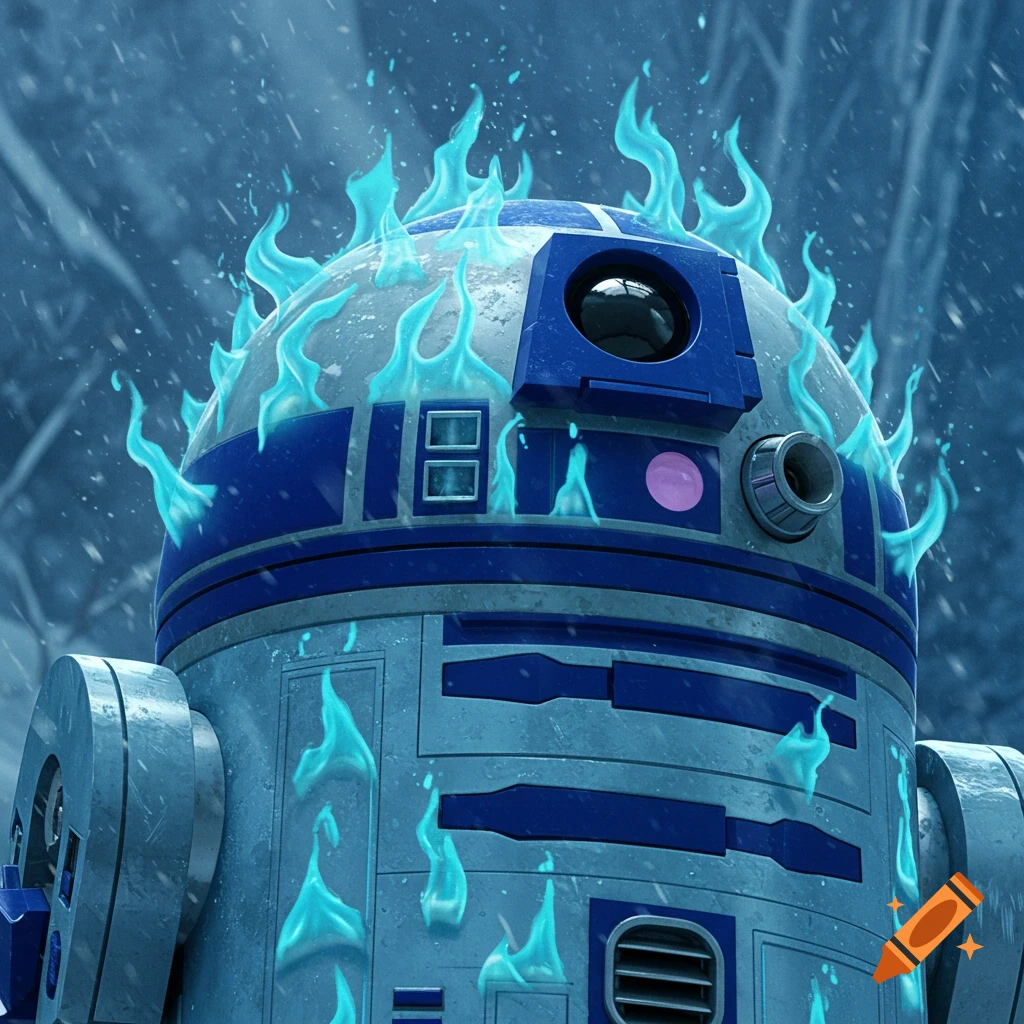 Close-up of R2D2 with glowing blue flames on its head and body, in a snowy, icy blue environment.