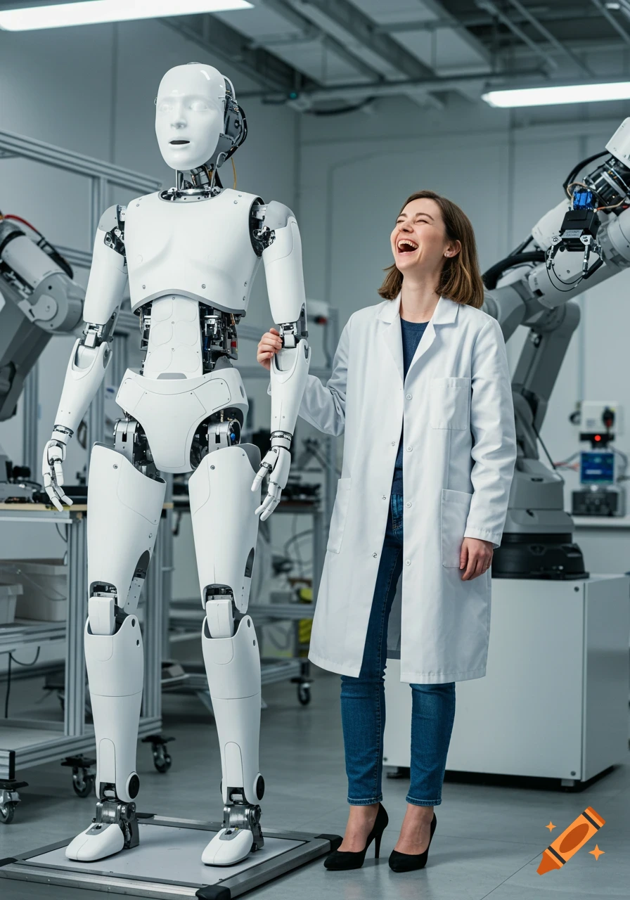 A photorealistic image of a laughing female robotics engineer in a lab coat, standing next to a humanoid robot in a bright lab.