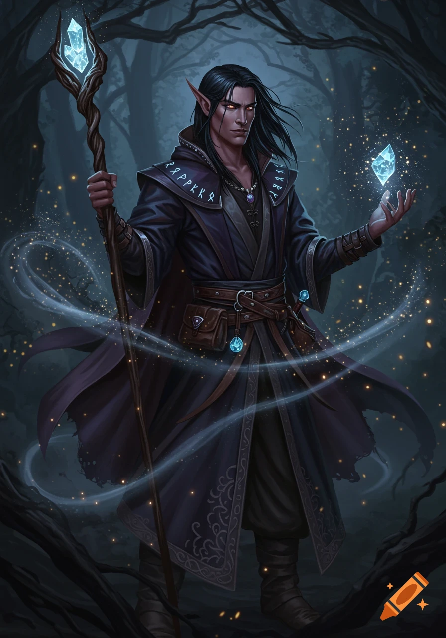 A dark-haired male elf warlock in a deep blue robe holds a glowing crystal staff and a floating crystal in a magical forest.