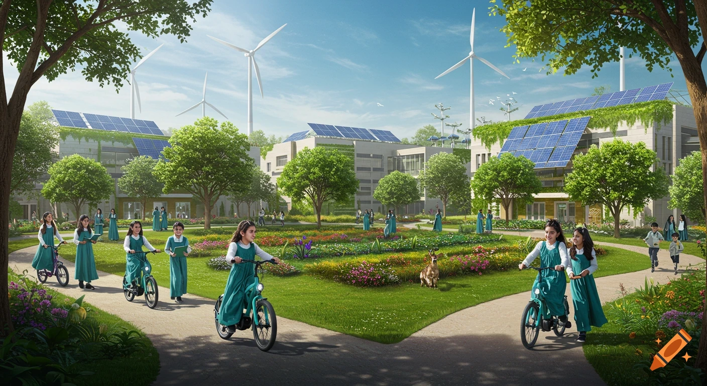 A futuristic school campus with solar panels, wind turbines, lush gardens, and children riding bikes on paths.