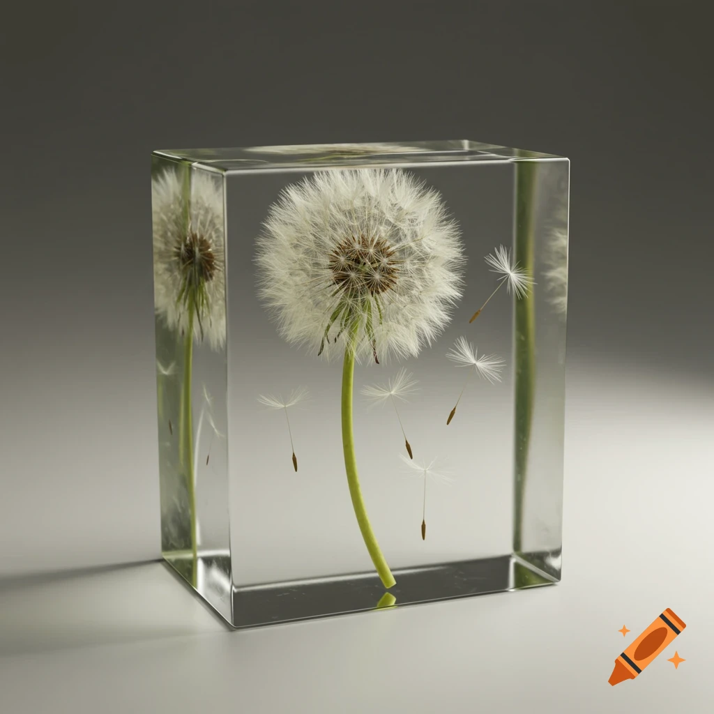 Photorealistic dandelion seed head with loose seeds encased in a clear rectangular resin block, on a light grey surface, against a dark background.