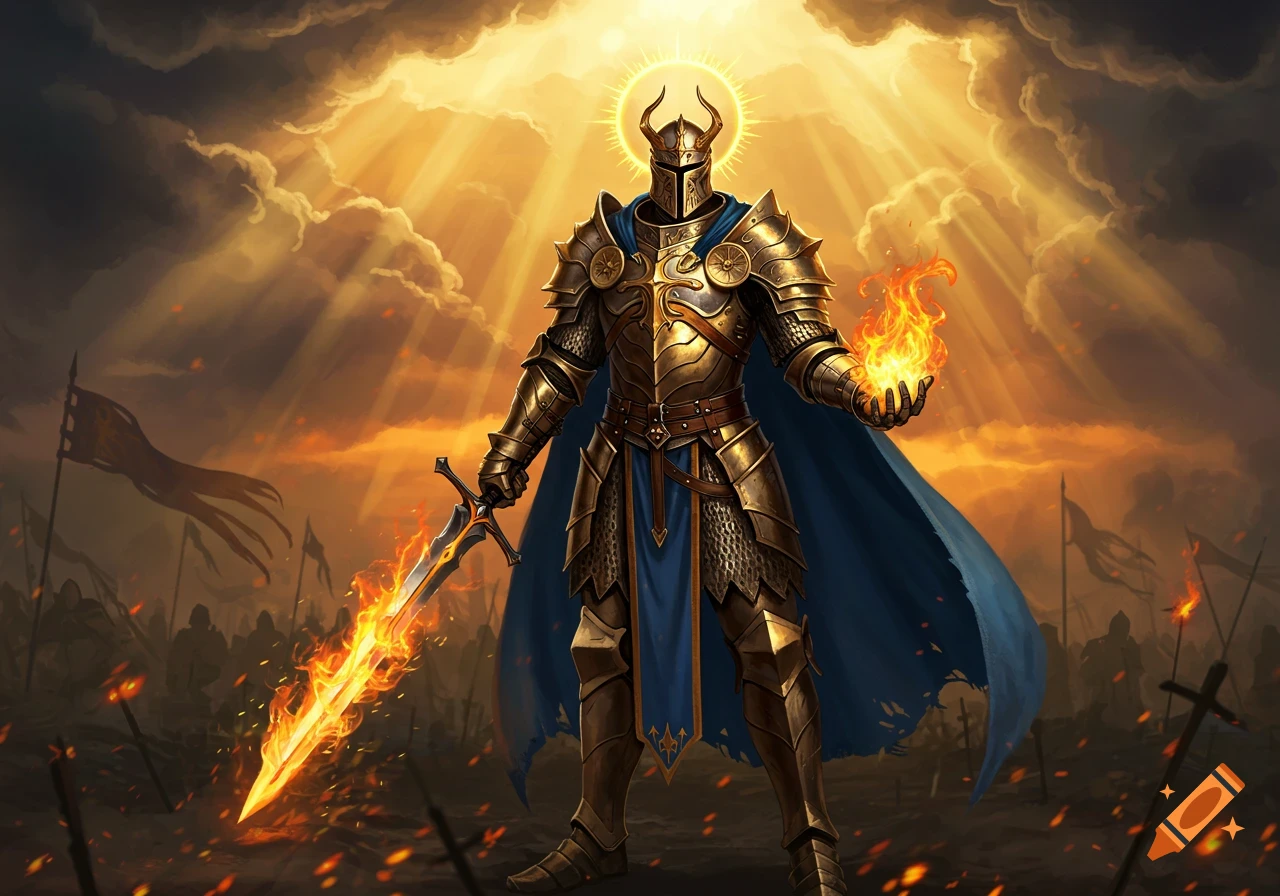 A majestic knight in golden armor with a halo, wielding a flaming sword and fire, stands on a battlefield under a dramatic, sunlit sky.