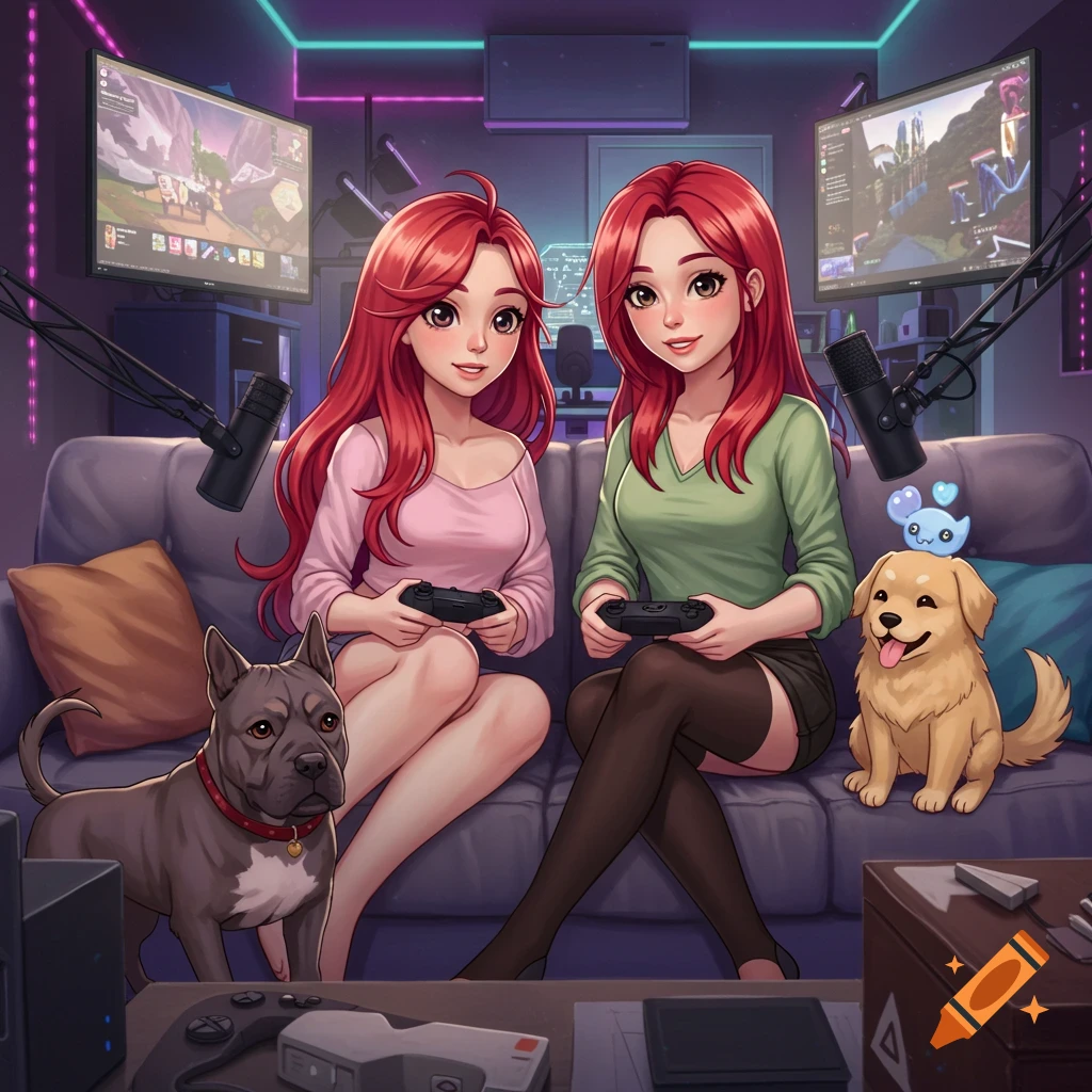 Two anime-style women with red hair play video games on a couch, surrounded by a gray pitbull-like dog, a golden retriever, and gaming equipment in a neon-lit room.