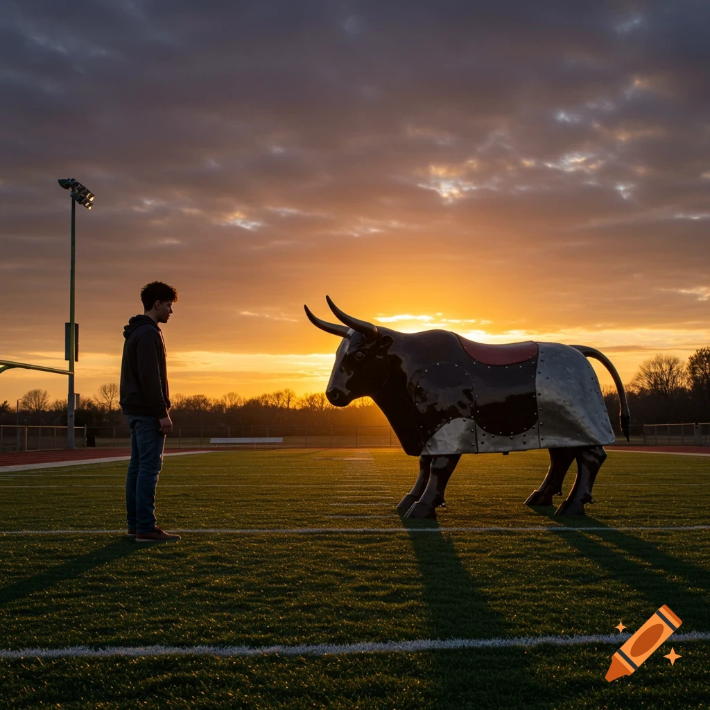 A young man and a mechanical bull stand on a football field at sunset, facing each other in a photorealistic style.