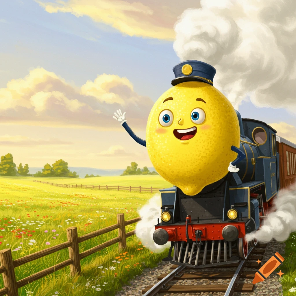 A cheerful cartoon lemon wearing a conductor's hat waves from a blue steam train chugging through a vibrant green field under a cloudy sky.