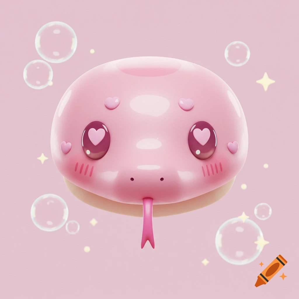 A simplified 3D kawaii pink snake head with heart eyes, a small tongue, and blush marks, surrounded by bubbles and sparkles on a pink background.