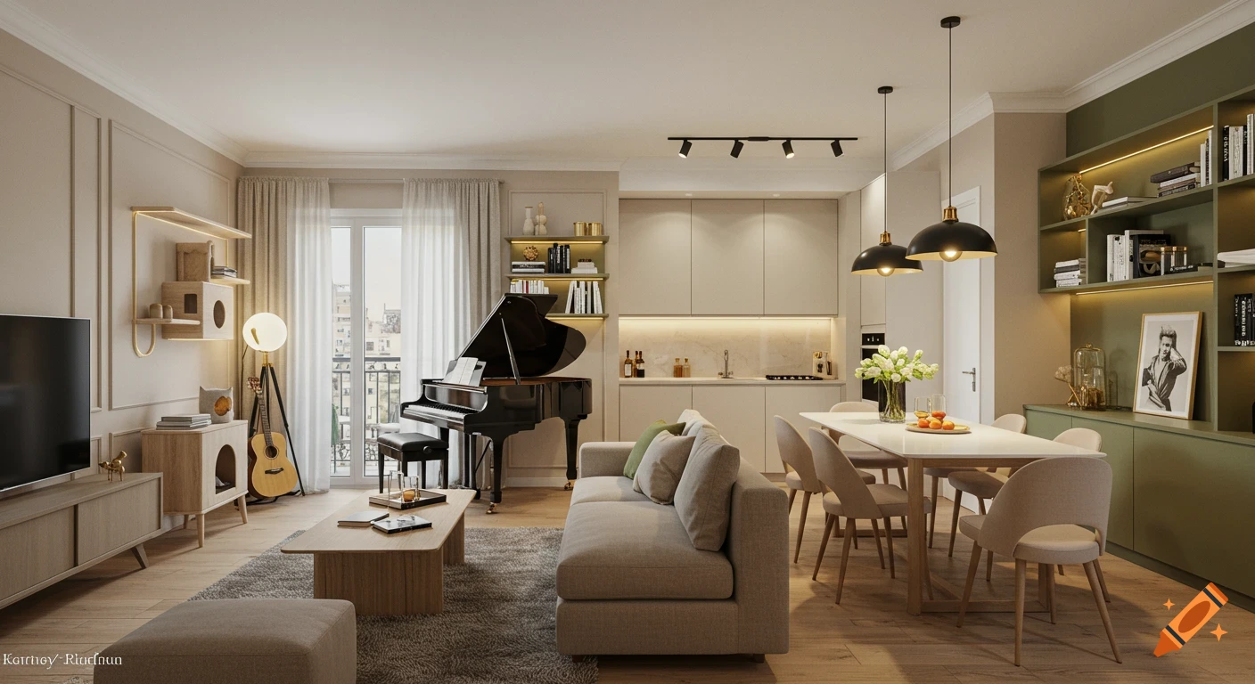 A spacious, modern, open-plan living room with a beige sofa, grand piano, dining area, and a kitchen nook.