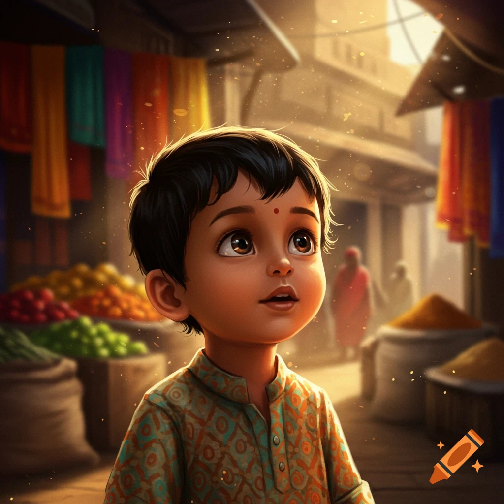 A cute, dark-haired Indian boy with big eyes looks up in a bustling, sunny market scene, illustration.