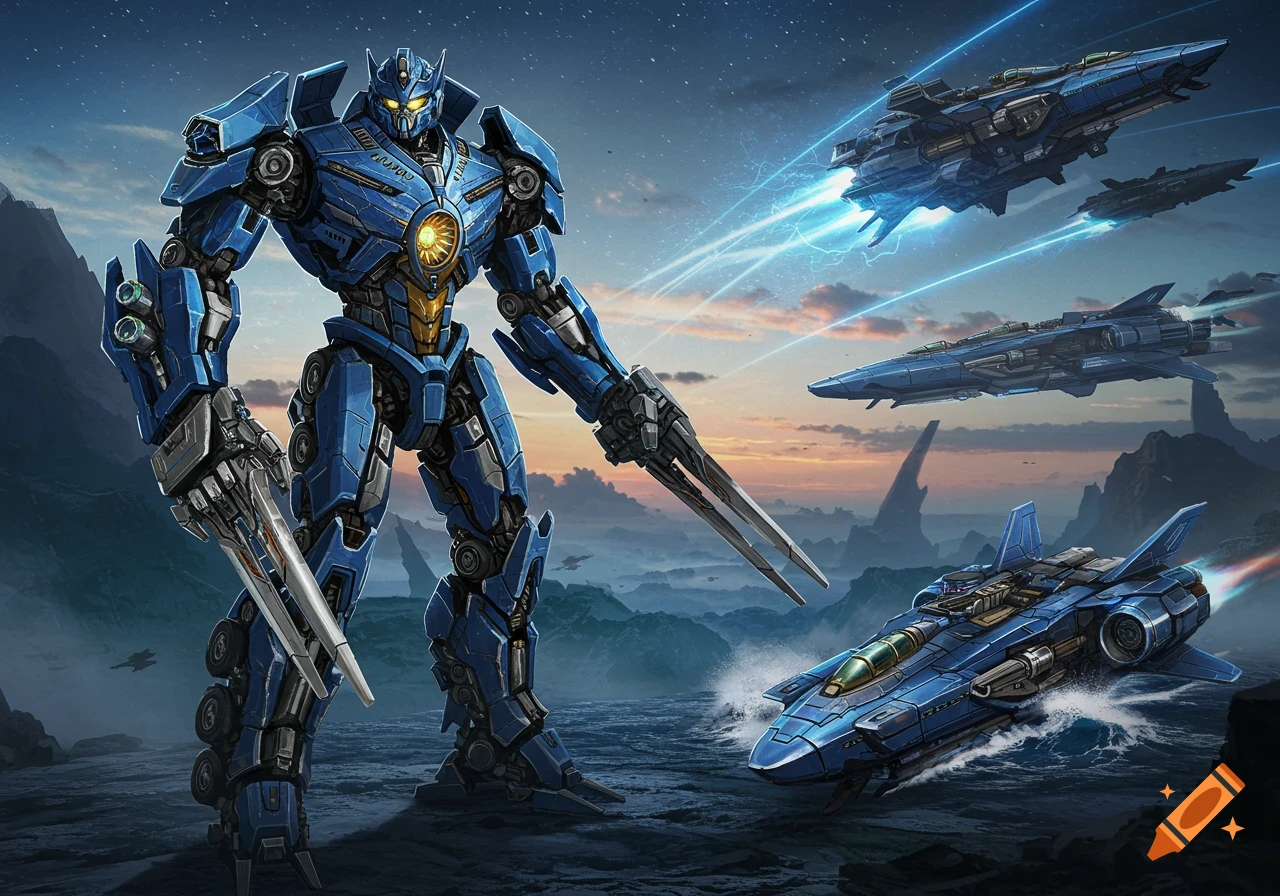 A massive blue and silver robot with bladed arms stands on a rugged landscape, while several futuristic blue spacecraft fly above and one skims the water.