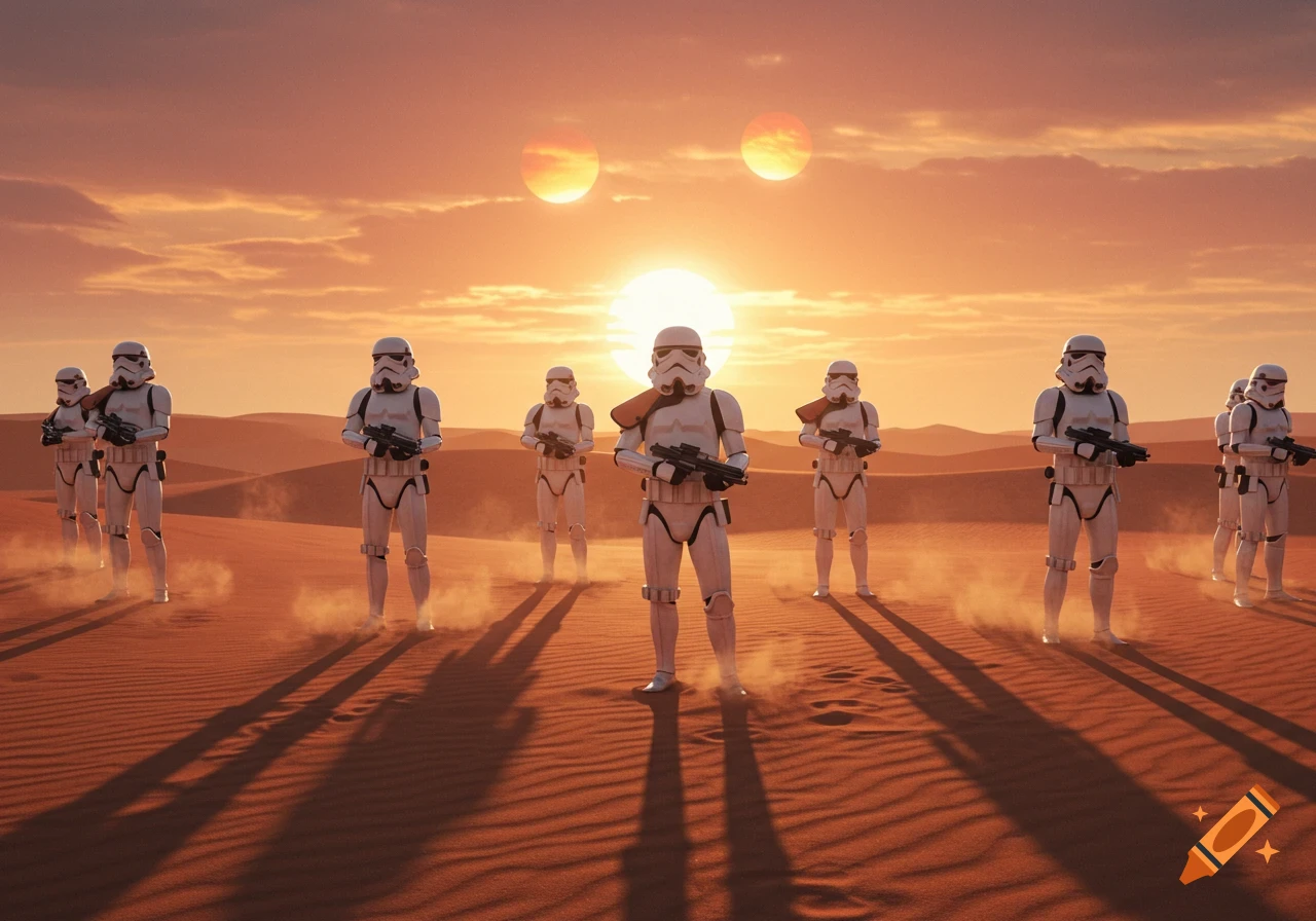 Star Wars Stormtroopers standing in a desert at sunset with two suns in the sky, photorealistic style.