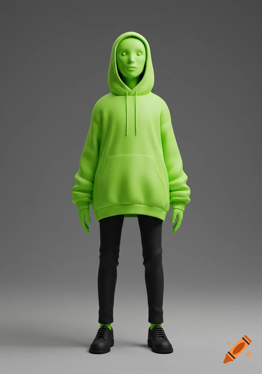 A stylized lime-green humanoid figure in a green hoodie, black pants, and shoes against a gray background.