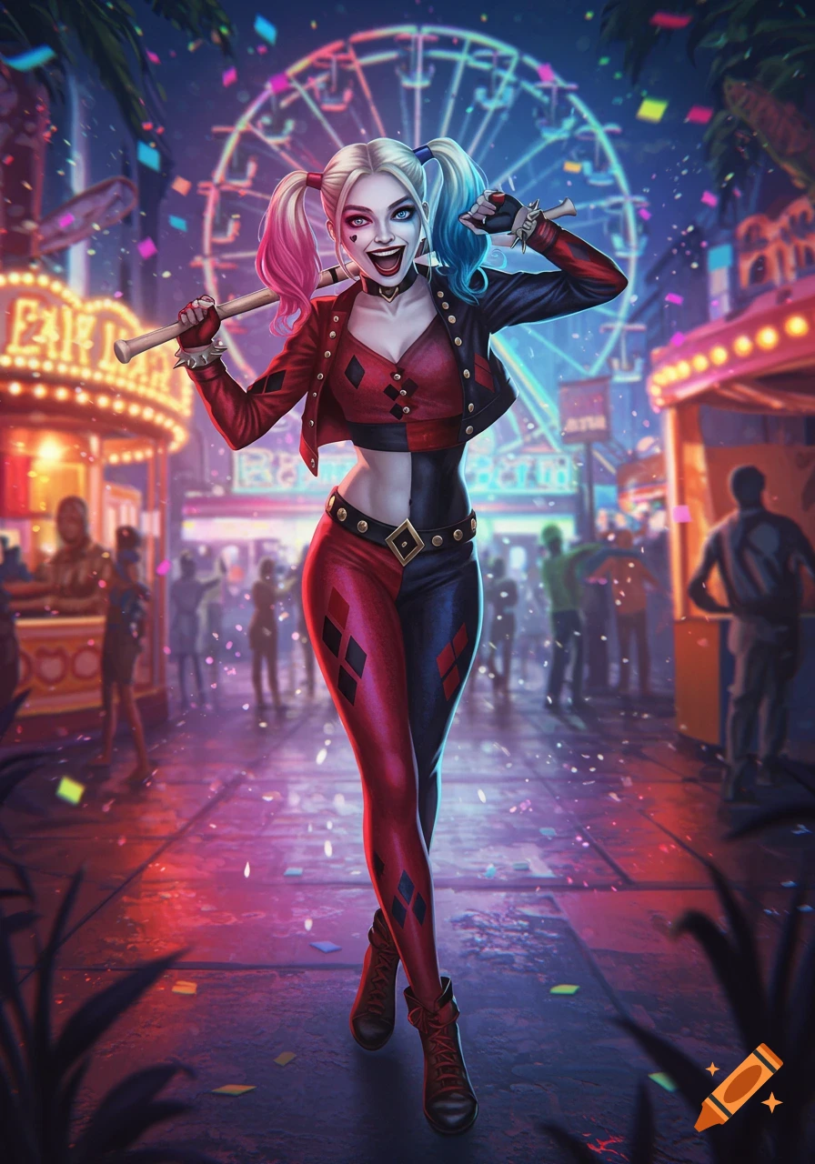 Vibrant comic art of Harley Quinn in her red and blue outfit, holding a baseball bat, at a lively amusement park with a Ferris wheel at night.