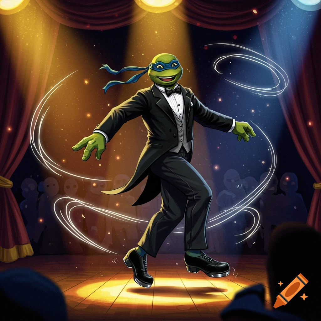 Leonardo from TMNT tap dancing in a tuxedo on a spotlighted stage, with a blurred audience in the background. Illustration.