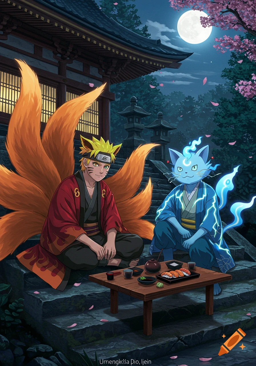Naruto as a fox yokai and a blue cat yokai eat sushi by a temple under a full moon, anime style.