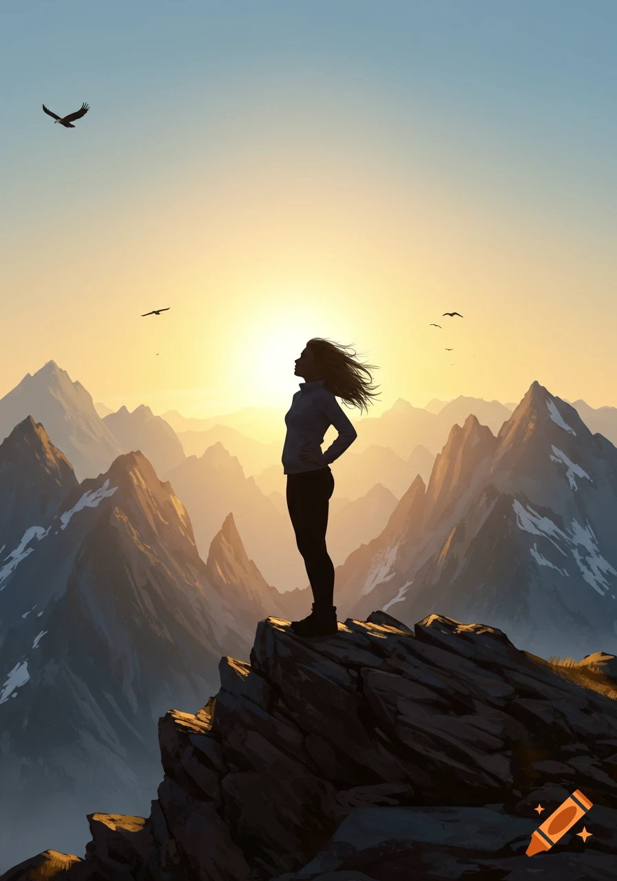 Illustrative silhouette of a woman on a mountain peak admiring a sunrise over a vast mountain range with flying birds.