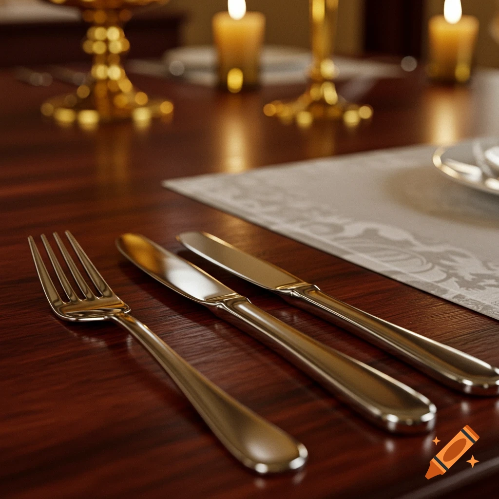 Close-up of a fork and two knives on a polished wooden table, with a placemat and blurred candles in the background, photorealistic style.