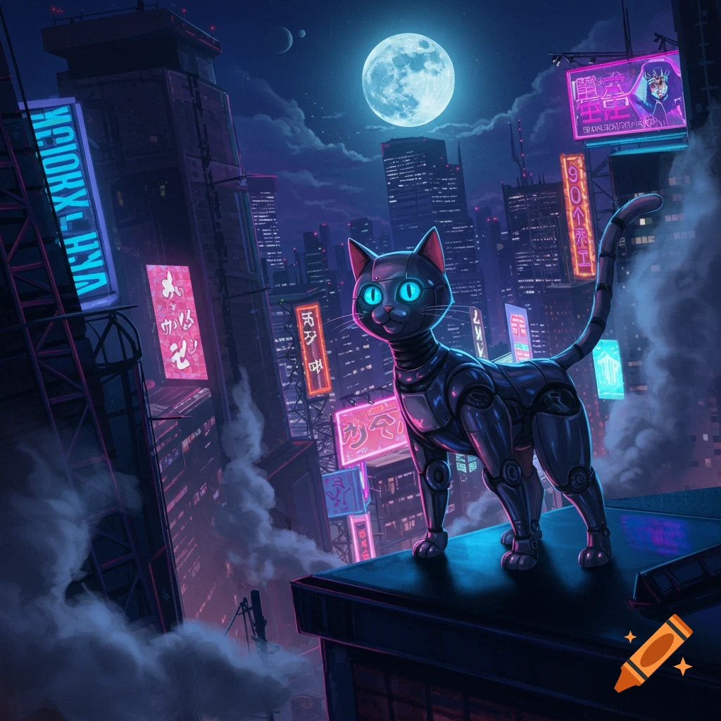 A sleek black robotic cat with glowing blue eyes stands on a rooftop overlooking a neon-lit cyberpunk city at night, under a large full moon.
