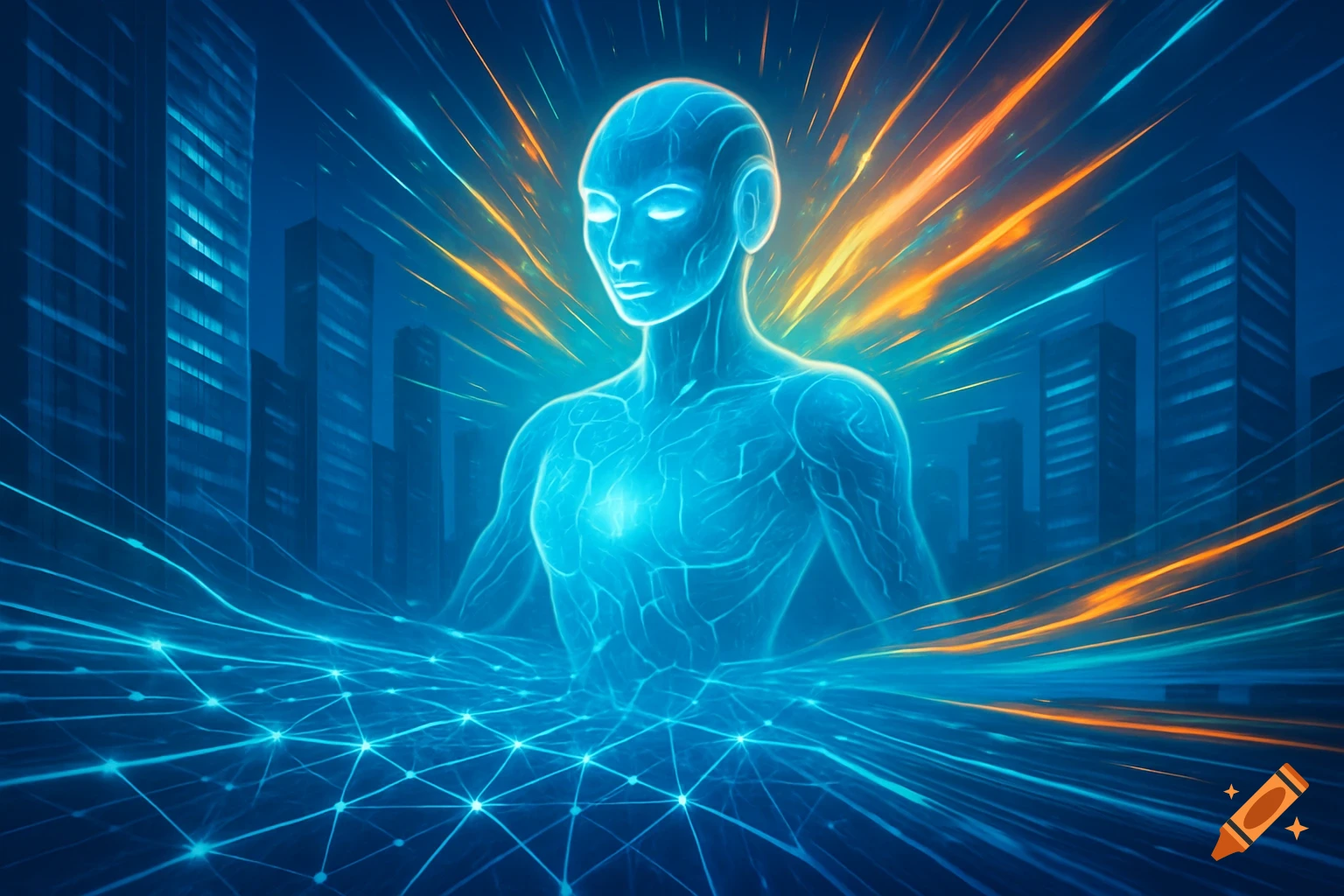 A glowing blue digital figure emerges from a network of light, surrounded by futuristic cityscapes and streaks of energy.